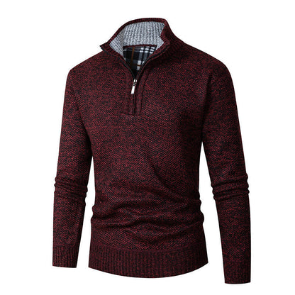 Men’s Half-Zip Knit Jumper – Chunky Marled Yarn with Checked Collar