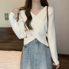 Women’s Wrap-Front V-Neck Knit Sweater – Cropped Relaxed Pullover for Feminine Everyday Styling