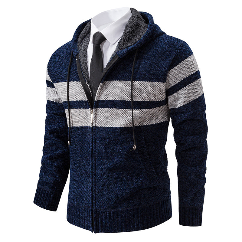 Men’s Zip Hoodie – Marled Knit with Chest Stripes and Concealed Zip