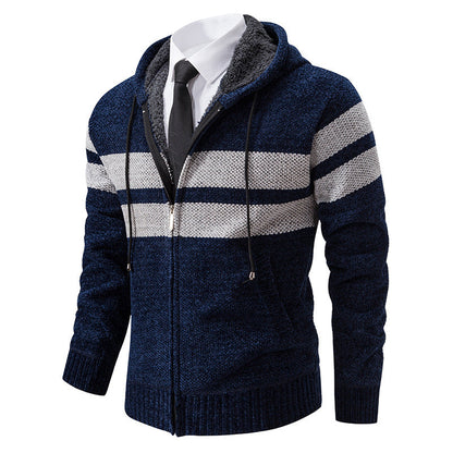 Men’s Zip Hoodie – Marled Knit with Chest Stripes and Concealed Zip