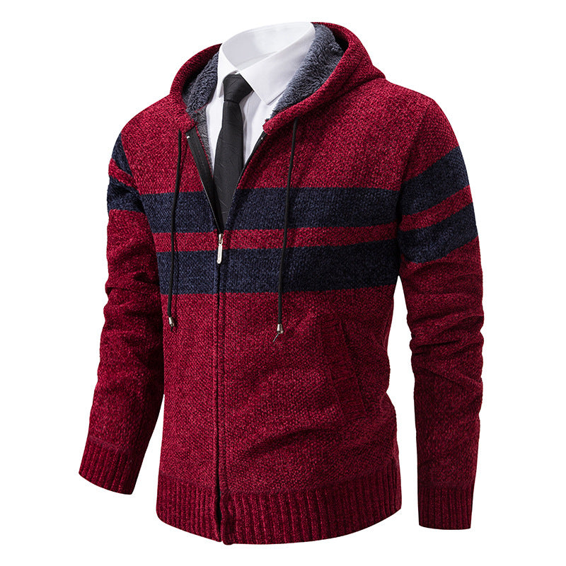 Men’s Zip Hoodie – Marled Knit with Chest Stripes and Concealed Zip