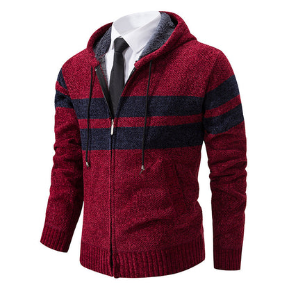 Men’s Zip Hoodie – Marled Knit with Chest Stripes and Concealed Zip