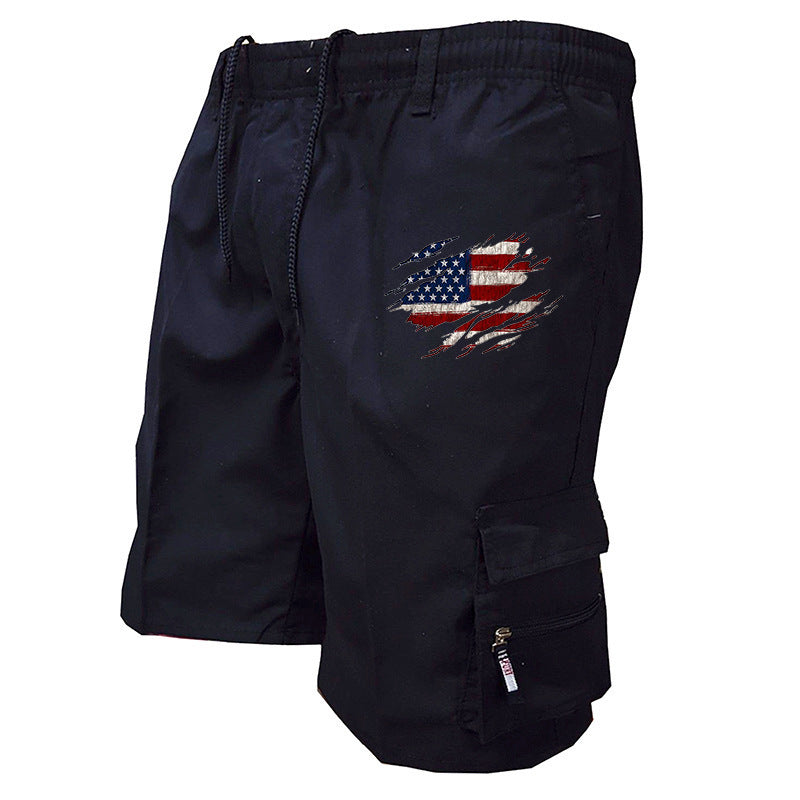 Men’s Graphic Cargo Shorts – Elasticated Drawstring Waist with Utility Pockets and American Flag Detail for Summer Wear