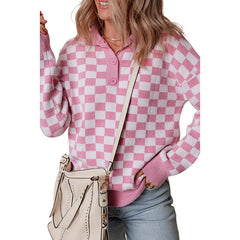 Women’s Checkerboard Collared Knit Sweater – Relaxed Button-Neck Pullover for Casual Layering