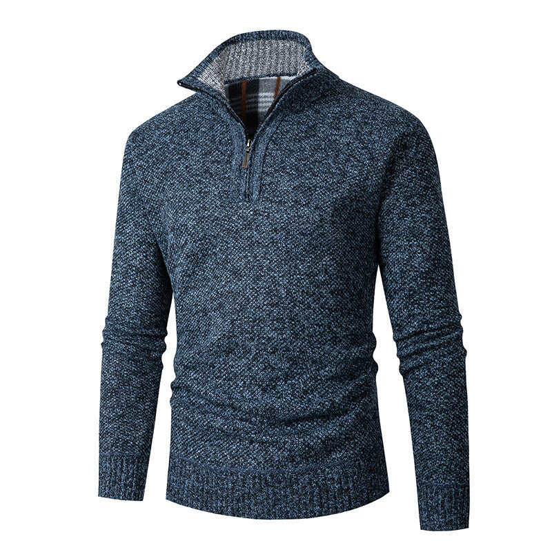 Men’s Half-Zip Knit Jumper – Chunky Marled Yarn with Checked Collar