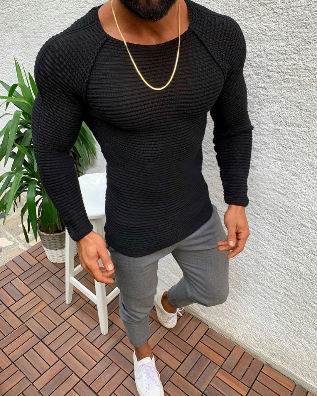 Men’s Knit Jumper – Raglan Sleeves with Ribbed Texture