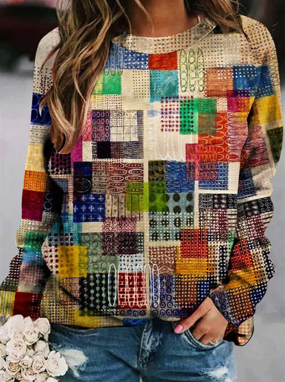 Women’s Patchwork Knit Sweater – Textured Crew-Neck Pullover for Cosy Seasonal Styling