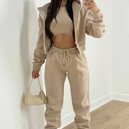 Women’s Three-Piece Athleisure Co-Ord Set – Cropped Ribbed Tank Top with Zip-Up Hoodie and Drawstring Joggers for Casual Wear