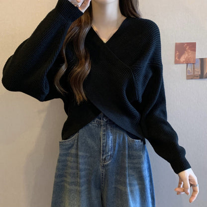 Women’s Wrap-Front V-Neck Knit Sweater – Cropped Relaxed Pullover for Feminine Everyday Styling
