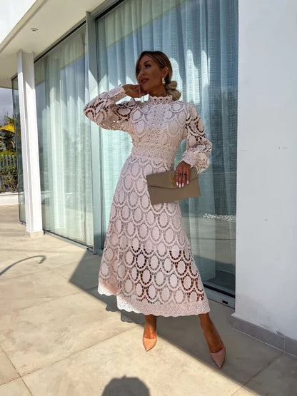 Women’s Lace Midi Dress – Long-Sleeve Occasion Style for Wedding Guests and Summer Events