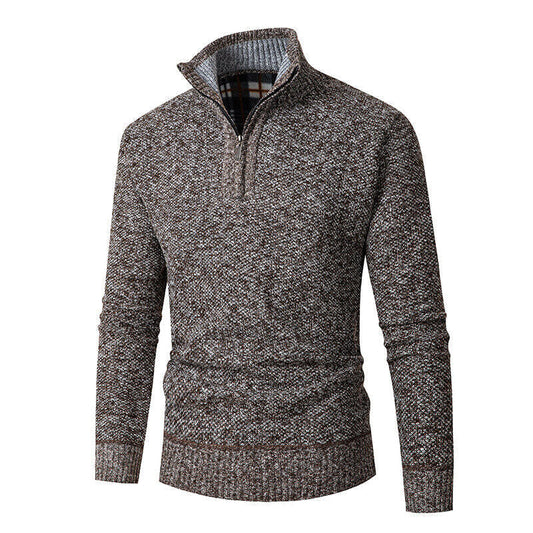 Men’s Half-Zip Knit Jumper – Chunky Marled Yarn with Checked Collar