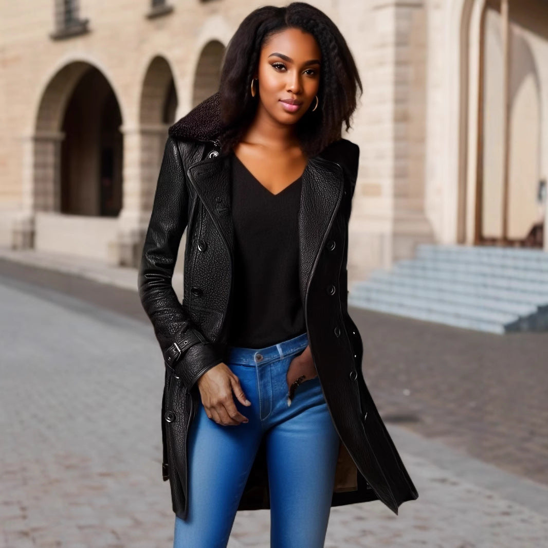 Women’s Black Coat – Double-Breasted with Teddy Collar and Waist Belt