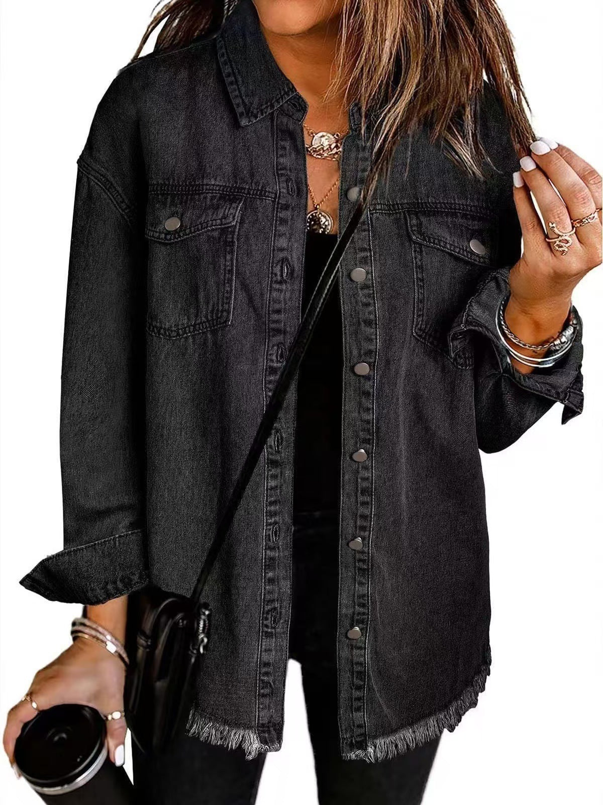 Women’s Oversized Denim Jacket – Fringed Hem with Press Studs