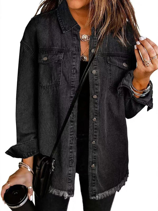 Women’s Oversized Denim Jacket – Fringed Hem with Press Studs