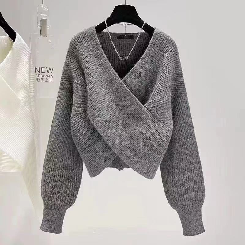 Women’s Wrap-Front V-Neck Knit Sweater – Cropped Relaxed Pullover for Feminine Everyday Styling