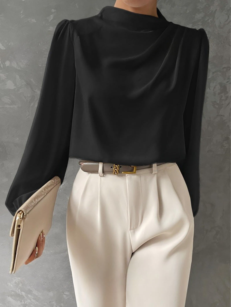 Women’s Draped Neck Long-Sleeve Blouse – Refined Relaxed Top for Office and Smart Casual Wear