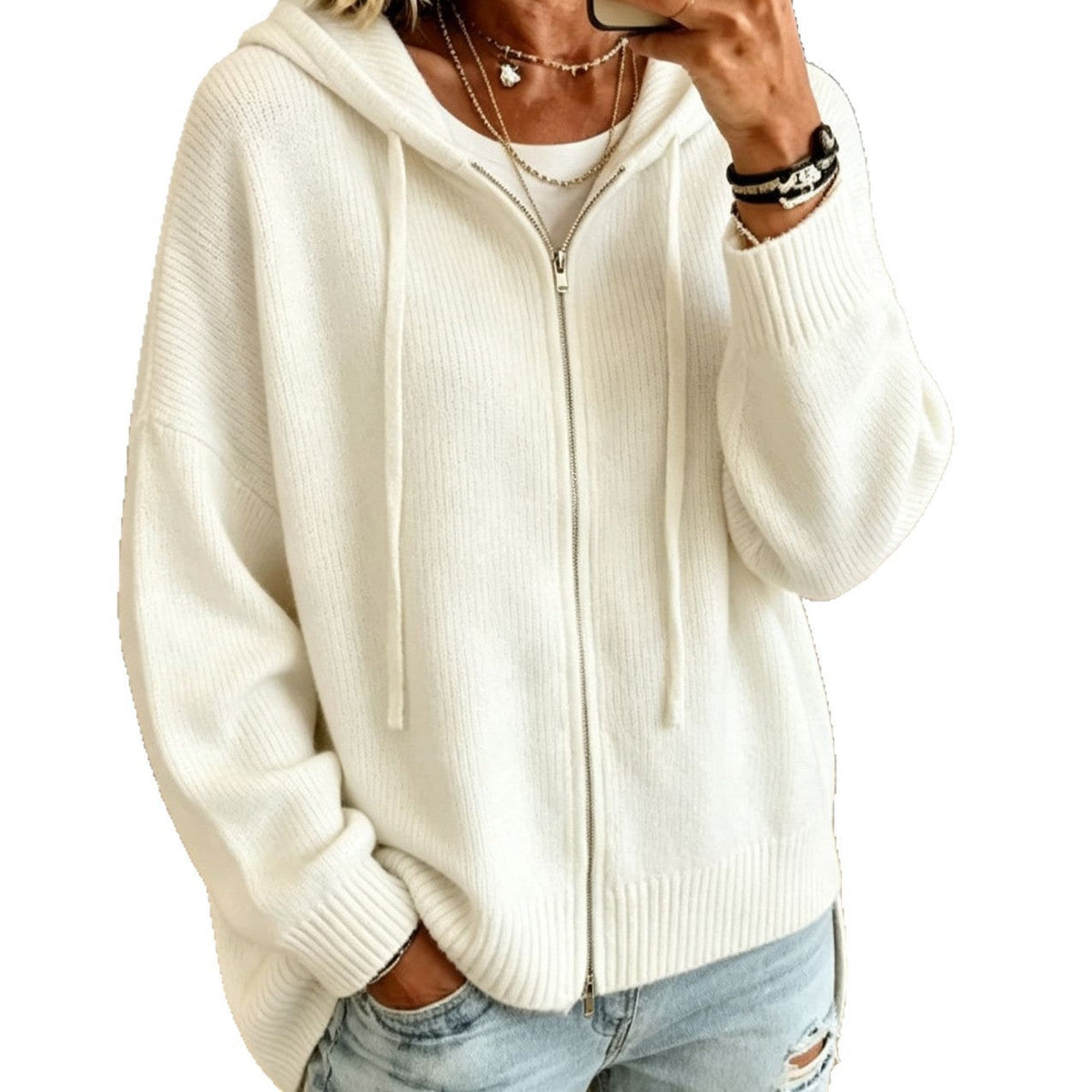 Women’s Hooded Knitted Cardigan – Full Zip with Drawstring Hood