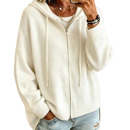 Women’s Hooded Knitted Cardigan – Full Zip with Drawstring Hood