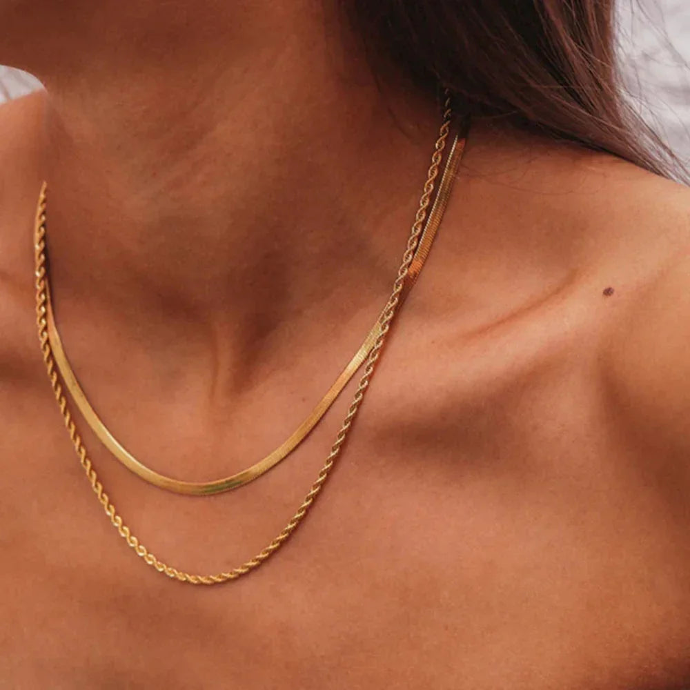 Women’s Layered Gold-Plated Necklace – Double Stainless Steel Chain with Mixed Textures for Everyday and Evening Wear