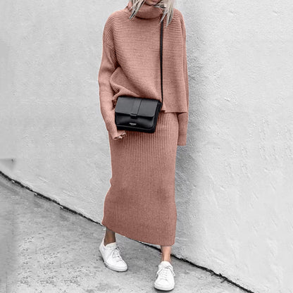 Women’s Ribbed Roll-Neck Skirt Co-Ord – Relaxed Long-Sleeve Jumper with Straight Long Skirt for Autumn and Winter