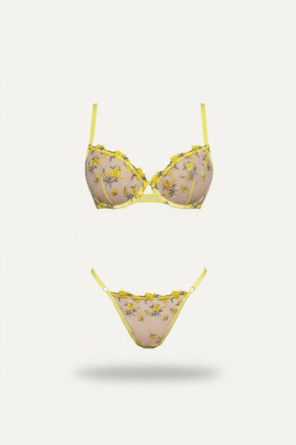 Women’s Embroidered Mesh Bra and Thong Set – Underwired Two-Piece Lingerie