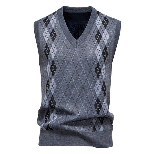 Men’s Knitted Sleeveless Vest – Argyle Diamond Pattern with V-Neck