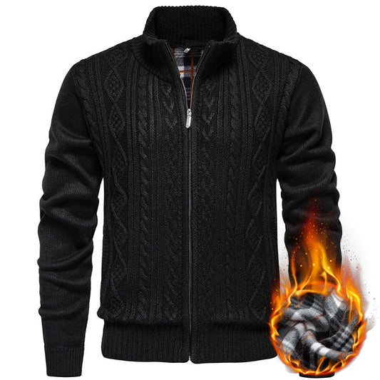 Men’s Zip-Through Knitted Jacket – Cable Pattern with Stand Collar