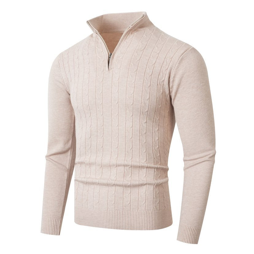 Men’s Cable-Knit Half-Zip Jumper – Stand Collar with Ribbed Trims