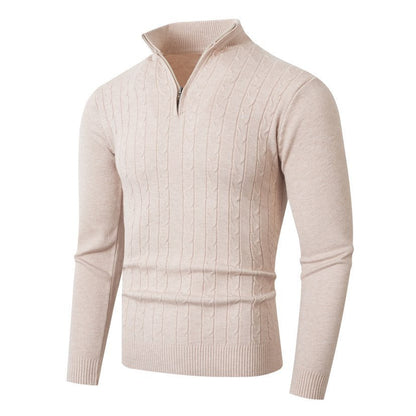 Men’s Cable-Knit Half-Zip Jumper – Stand Collar with Ribbed Trims