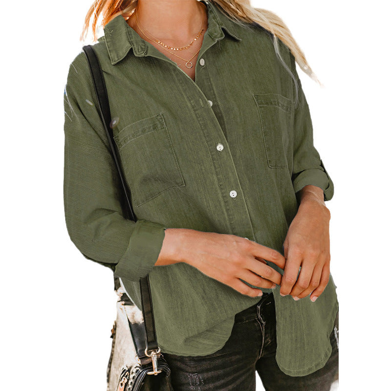 Women’s Double-Pocket Button Shirt – Relaxed Long-Sleeve Style for Smart Casual Wear