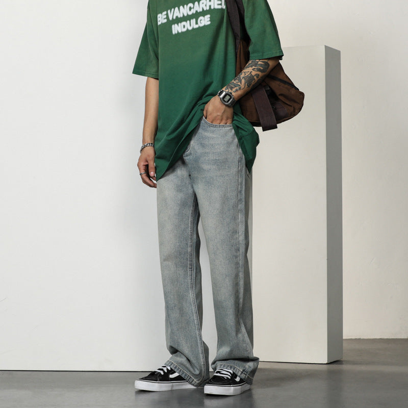 Men’s Relaxed Bootcut Jeans – High-Rise Washed Denim with Wide Legs and Easy Draped Fit