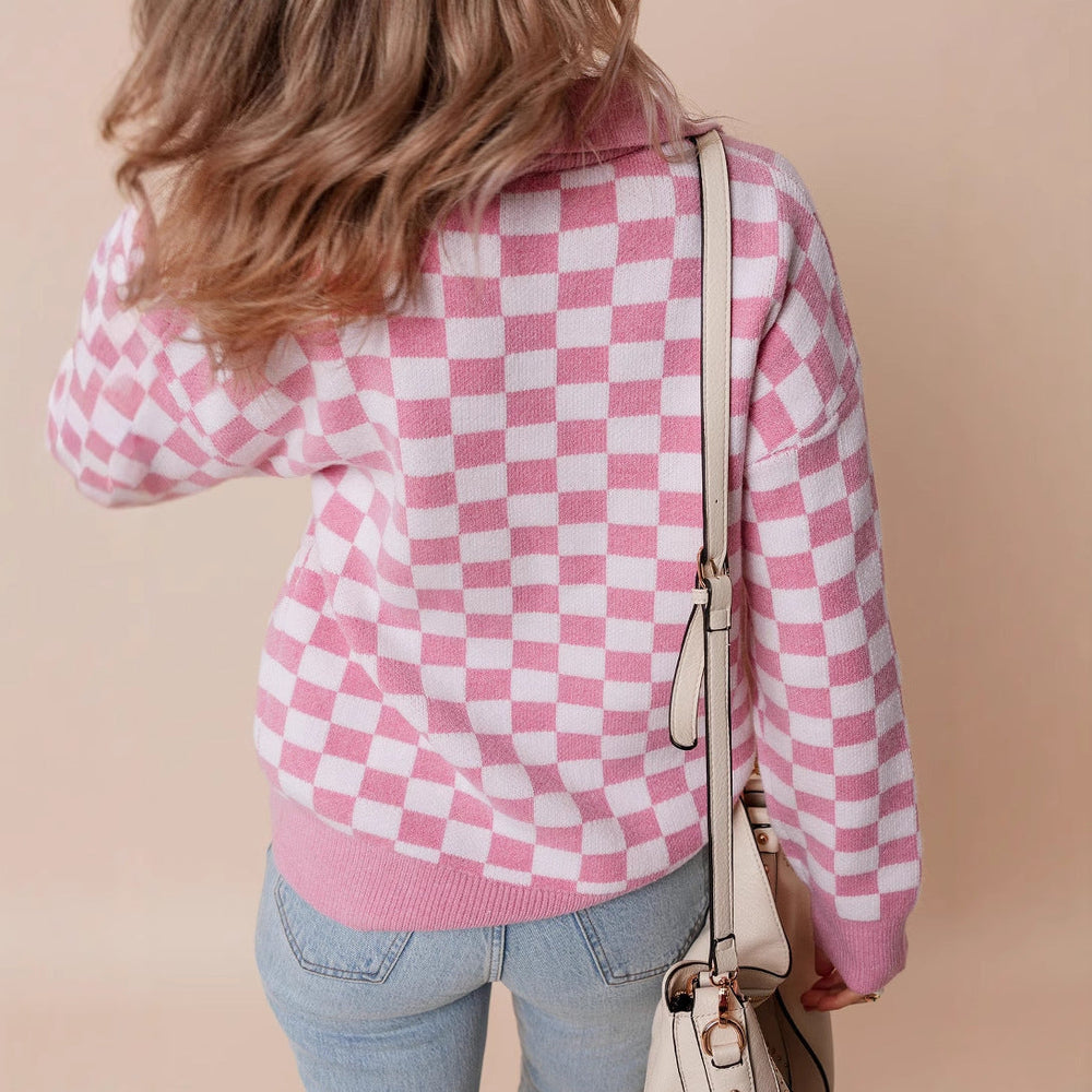 Women’s Checkerboard Collared Knit Sweater – Relaxed Button-Neck Pullover for Casual Layering