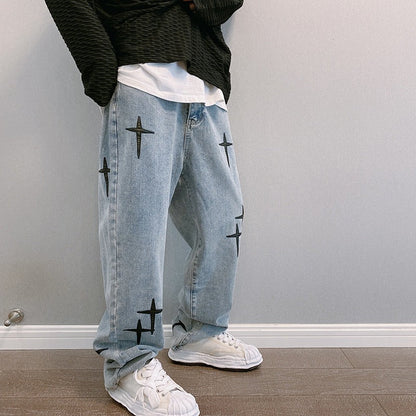 Men’s Graphic Baggy Wide-Leg Jeans – Relaxed Streetwear Denim for Everyday Wear