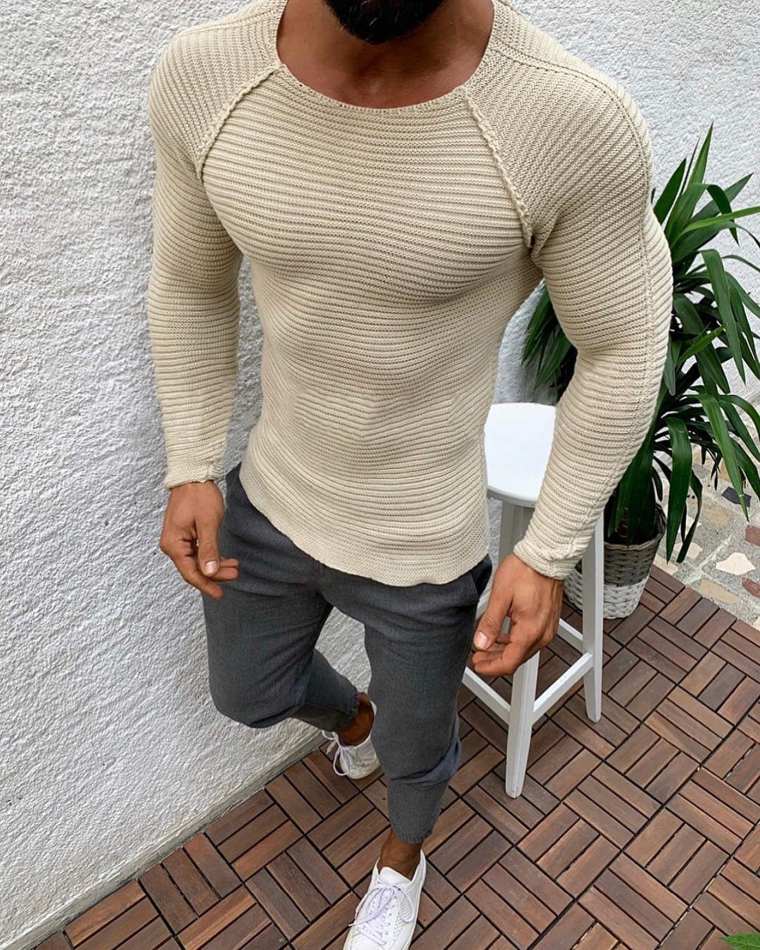 Men’s Knit Jumper – Raglan Sleeves with Ribbed Texture