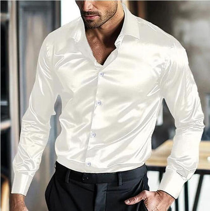 Men’s Satin Button-Up Shirt – Slim-Fit Long-Sleeve Dress Shirt with Contrast Buttons for Evening and Formal Wear