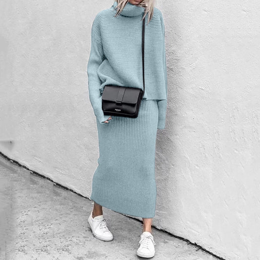 Women’s Ribbed Roll-Neck Skirt Co-Ord – Relaxed Long-Sleeve Jumper with Straight Long Skirt for Autumn and Winter