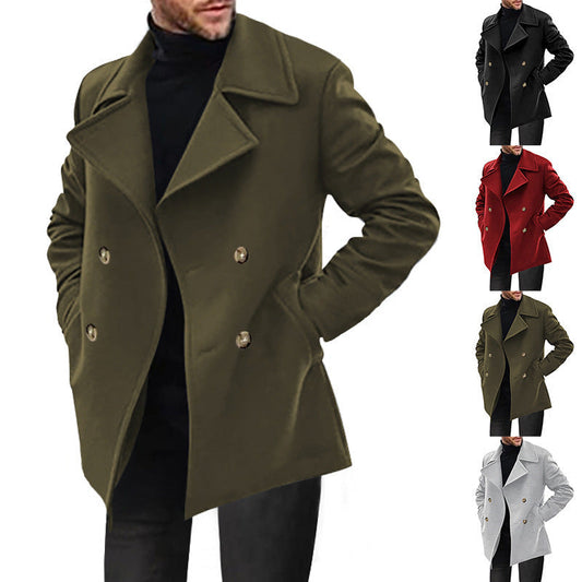 Men’s Double-Breasted Short Coat – Wide Lapels with Flap Pockets