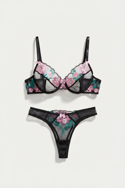 Women’s Embroidered Mesh Bra and Thong Set – Underwired Two-Piece Lingerie