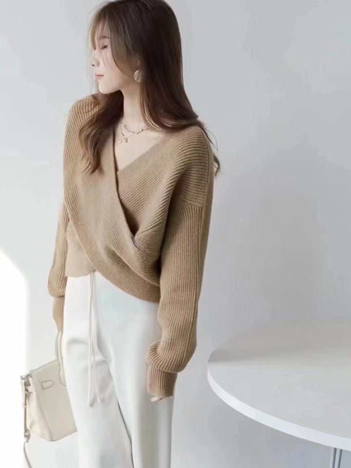 Women’s Wrap-Front V-Neck Knit Sweater – Cropped Relaxed Pullover for Feminine Everyday Styling