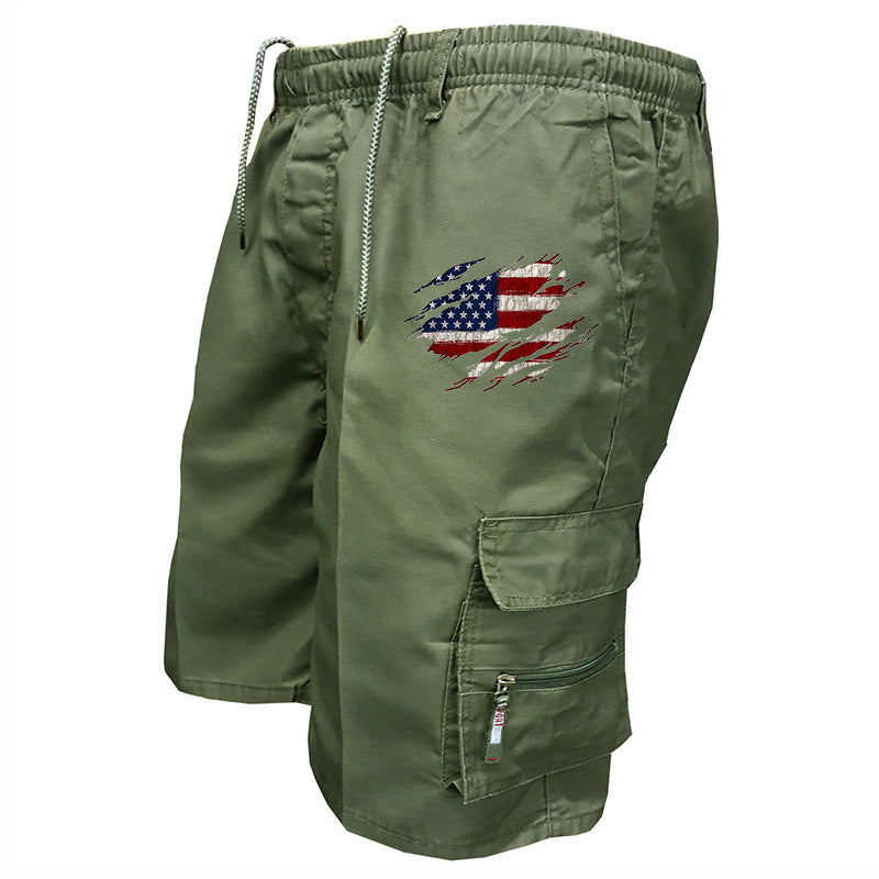 Men’s Graphic Cargo Shorts – Elasticated Drawstring Waist with Utility Pockets and American Flag Detail for Summer Wear