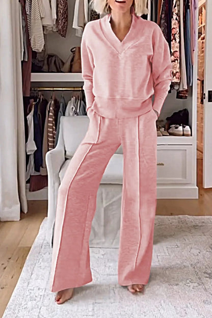 Women’s Relaxed V-Neck Matching Set – Long-Sleeve Pullover with Flowing Wide-Leg Trousers for Daily Wear