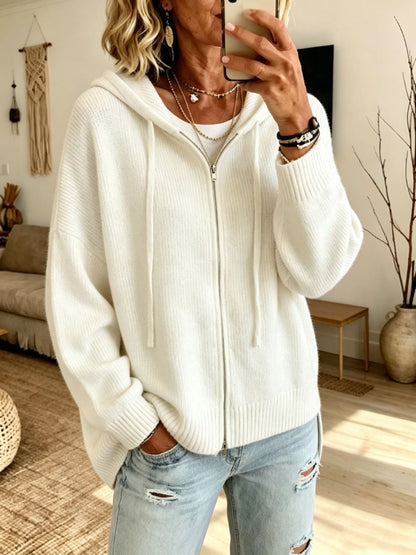 Women’s Hooded Knitted Cardigan – Full Zip with Drawstring Hood