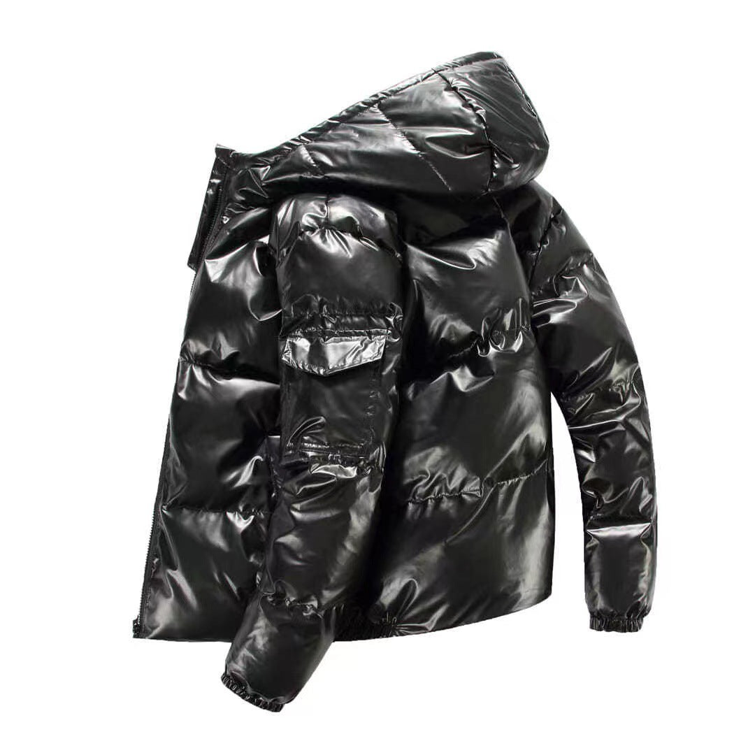Men’s Hooded Puffer Jacket – Glossy Quilted Finish with Side Pockets