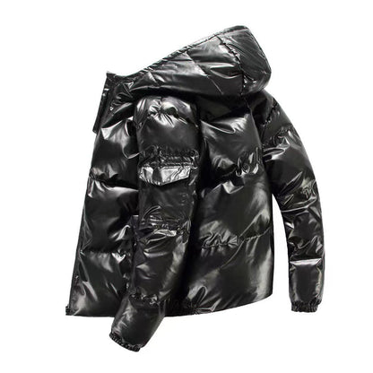 Men’s Hooded Puffer Jacket – Glossy Quilted Finish with Side Pockets