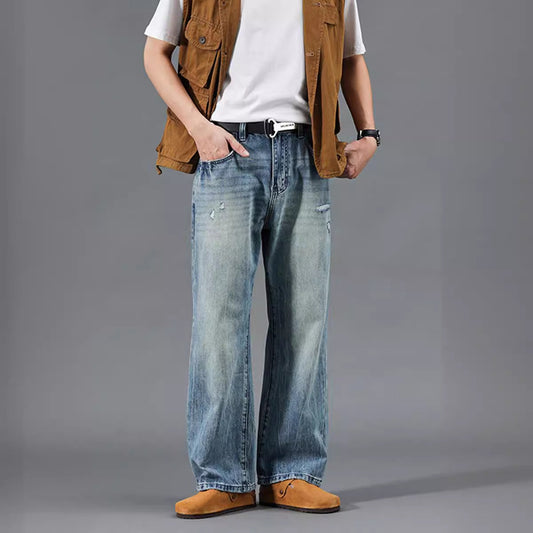 Men’s Relaxed Wide-Leg Jeans – Vintage-Wash Denim for Modern Casual Wear