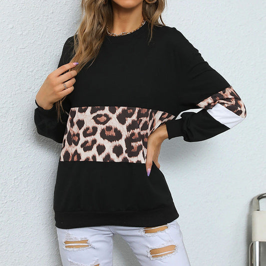 Women’s Leopard Panel Sweatshirt – Relaxed Crew-Neck Pullover with Statement Sleeves