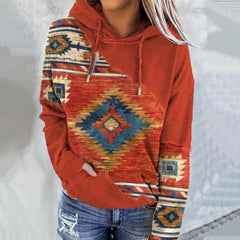 Women’s Geometric Print Hoodie – Relaxed Drawstring Pullover for Casual Autumn Layering