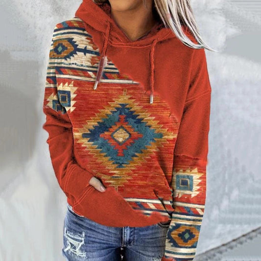 Women’s Geometric Print Hoodie – Relaxed Drawstring Pullover for Casual Autumn Layering