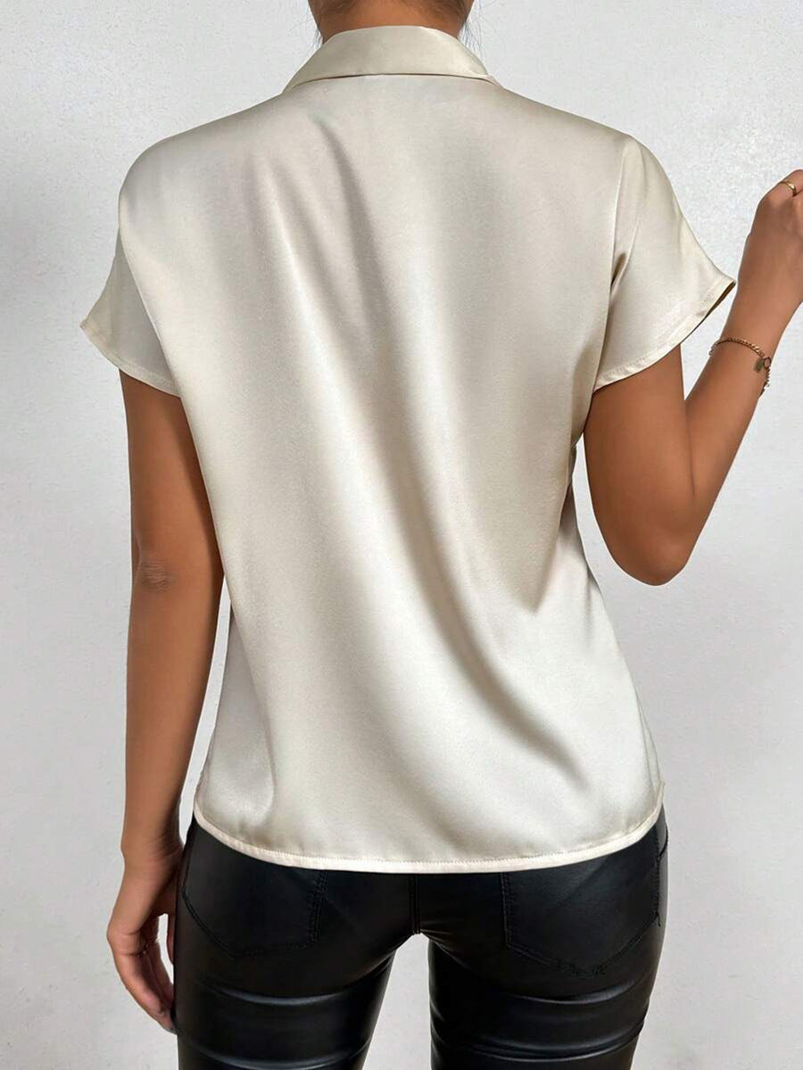 Women’s Satin Bow-Neck Blouse – Elegant Short-Sleeve Style for Office and Evening Wear