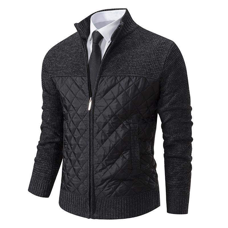 Men’s Knitted Hybrid Jacket – Diamond-Quilted Front with Stand Collar